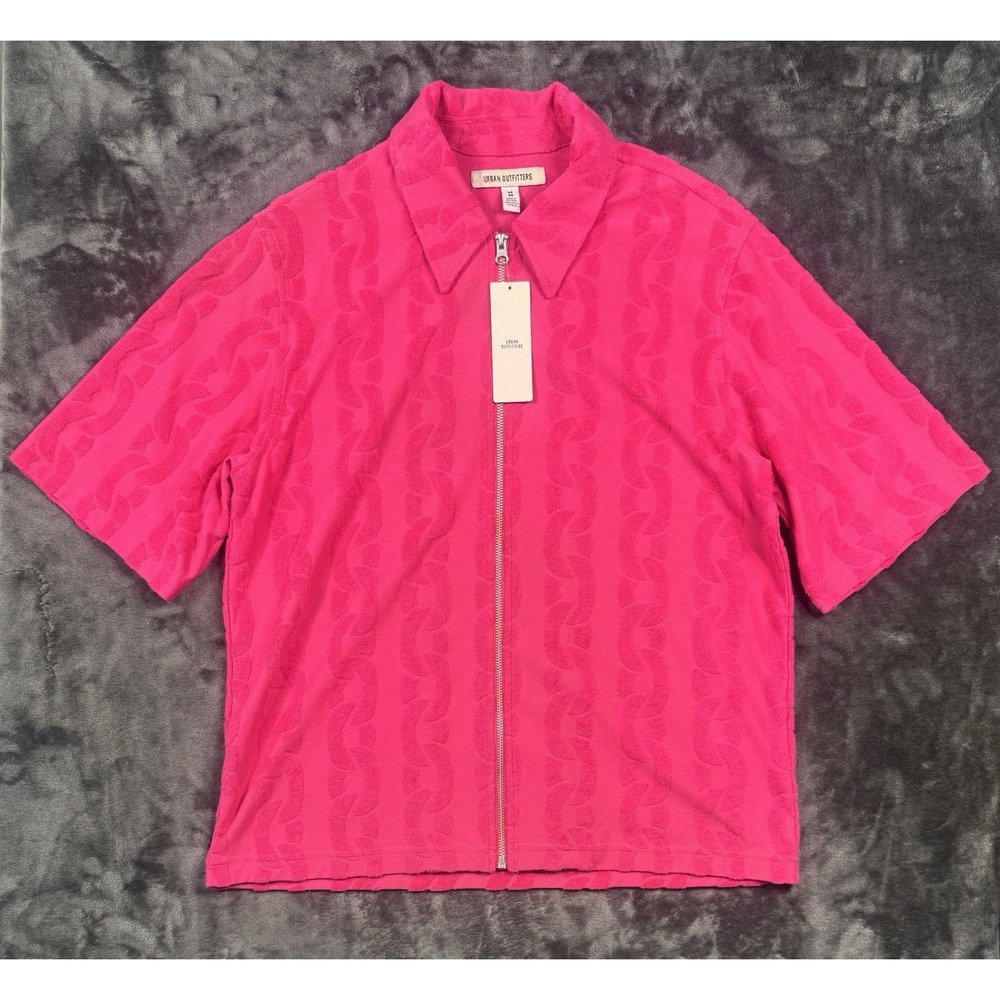 NWT Urban Outfitters WomensM Pink Terry Jacquard Full Zip Short Sleeve Shirt $59